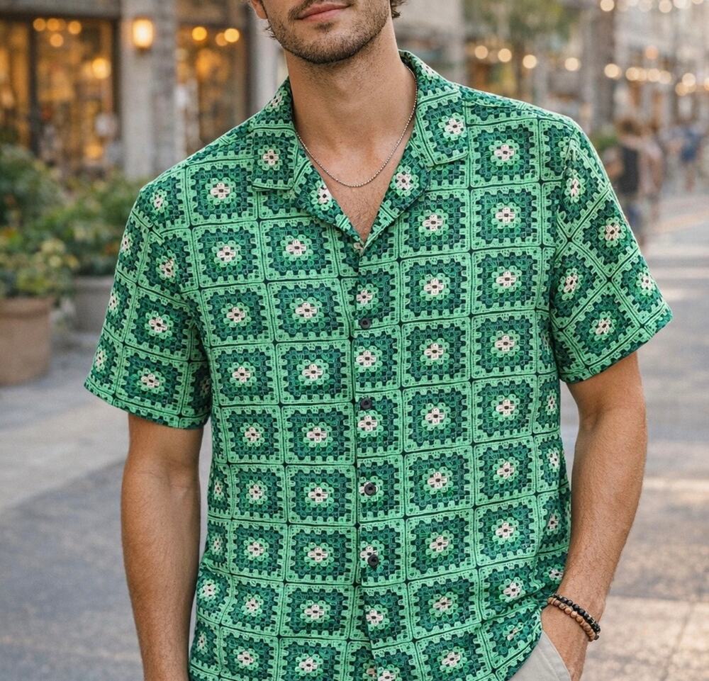 Malibu by Drill Clothing Co Button Down Shirt Granny Square Faux Crochet Medium